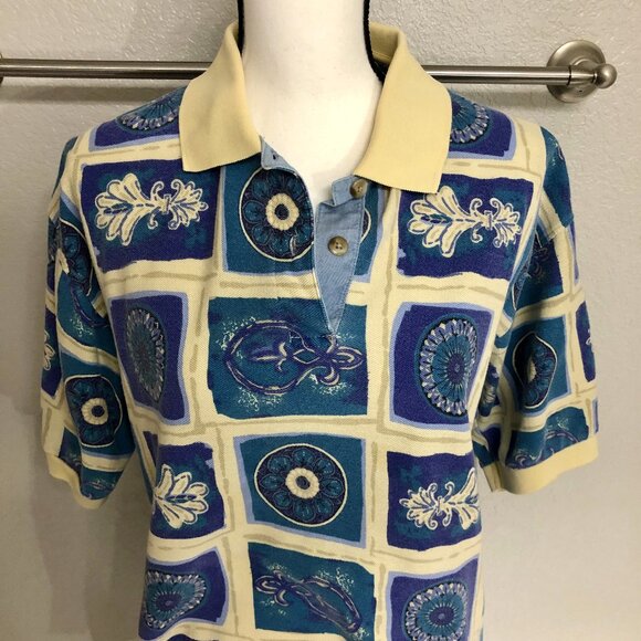 Cute Oversized 90s 2-Button Teal and Blue Pattern Golf Shirt - Size S (Fits XL) - Picture 4 of 10